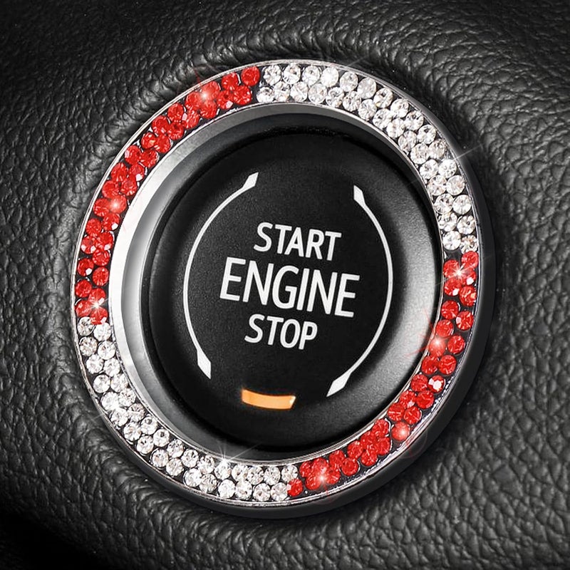 ToBeQueen White and Red Bling Push to Start Button Ring Emblem Sticker, Crystal Diamond Rhinestone Start Buttone Cover Car Decor, Red and White Car Accessories for Women - Image 1